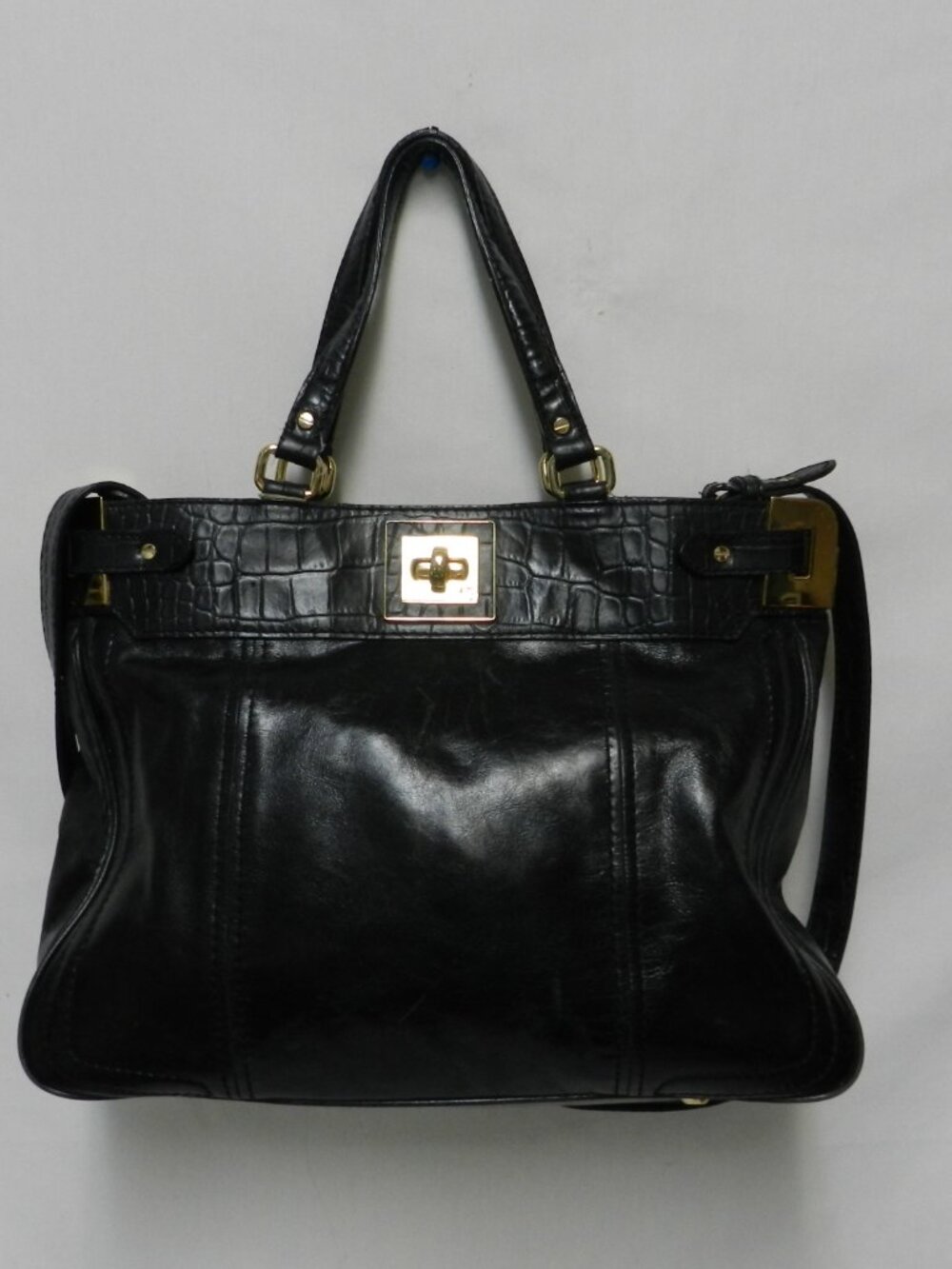 Milly Amelia Leather Satchel tote bag purse convertible black Turnlock Croc Trim